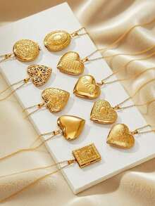 1pc Vintage Stainless Steel Locket Pendant Necklace, Open Design Can Hold Photos, Hollow Round Frame Necklace - Yellow Gold - View 1