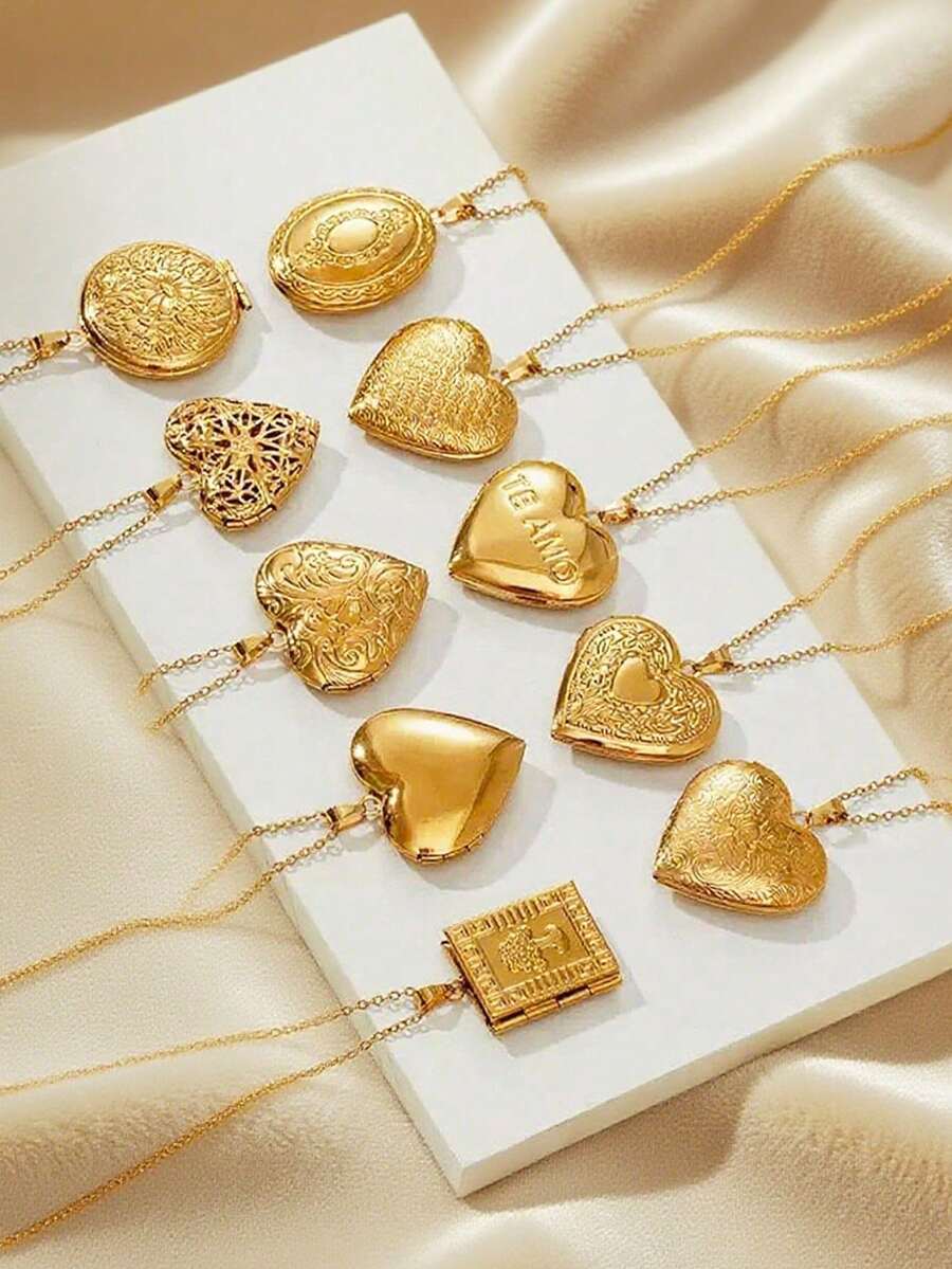 1pc Vintage Stainless Steel Locket Pendant Necklace, Open Design Can Hold Photos, Hollow Round Frame Necklace - Yellow Gold - View 1