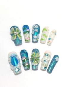 10 Pieces Made By Hand, 3.3 Cm Thin High-Heeled Nail Cover, Beach Essentials, Nail Patch, Press-On Nails, Nails, Supplies, Summer Nails, Press-On Acrylic Nails, Long Nails, French Style, Gradient, Agate, Jade, Green Leaves, Pearls, Butterflies, Diamonds, Gold Pearls, Blush, Petals, Three-Dimensional Design, Three-Dimensional Carving