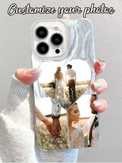 Capa protetora personalizada transparente à prova de choque em formato de coração para celular, moldura personalizada para presente para amigos, família, aniversário, casais, pais, fotos comemorativas, compatível com Samsung S23/24 Ultra, A15, compatível com iPhone 12/13/14/15/16 Pro Max