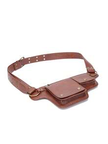 Riñonera de piel sintética negra con múltiples compartimentos y cinturón ajustable con remaches retro para mujer - Marrón rojizo - Ver 8