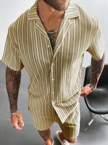 INS 风格男士两件套波西米亚钩针针织衬衫和短裤，多色条纹提花纹理套装，适合海滩度假音乐节夏威夷度假装，送给他的礼物，老钱度假装，舒适服装