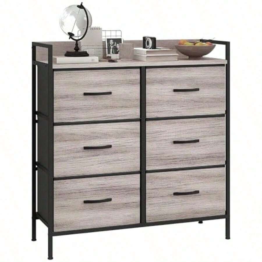 HOMCOM Kommode mit 6 Sladen aus Stoff Aufbewahrungsschrank Kommodenschrank mit Holzoptik Griffen Stahestell IndustrieDesign Sideboard für Wohnzimmer Grau - Grad - Übersicht 1