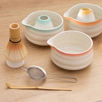 Japanese Handmade Gradient Ceramic Matcha Tea Set, Includes Matcha Whisk, Matcha Bowl With Spout, Matcha Sifter, Matcha Whisk Holder, And Bamboo Matcha Scoop, Suitable For Making Matcha Latte, Matcha Preparation, Desserts, And Beverages, Great Gift For Matcha Lovers