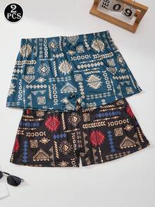 2pcs Vintage Print Men's Underwear, Comfortable Versatile Mid-Rise Boxer Briefs, Fashionable Printed Men's Briefs