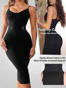 Plus Size Women's Spaghetti Strap Backless Elegant Tight Waist Tightening Body Shaping Dress - 黑色 - 查看 1