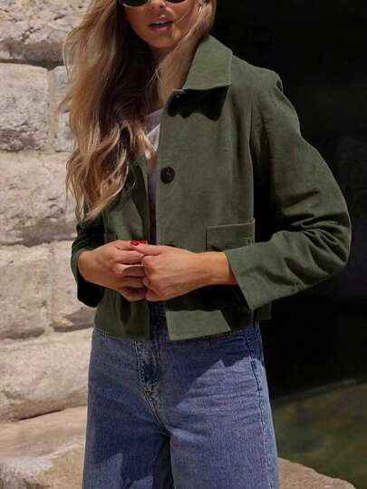 New Autumn And Winter Collar Solid Color Pocket Zipper Front Buckle Daily Women's Jacket Jacket, Halloween Costume, Christmas Costume, Suitable For Vacation, Travel, Office, Party, Date, Daily Wear, Etc