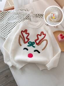 Suéter de punto con bordado de ciervos navideños lindos para niña, adecuado para Navidad, primavera, otoño e invierno - Albaricoque - Ver 1