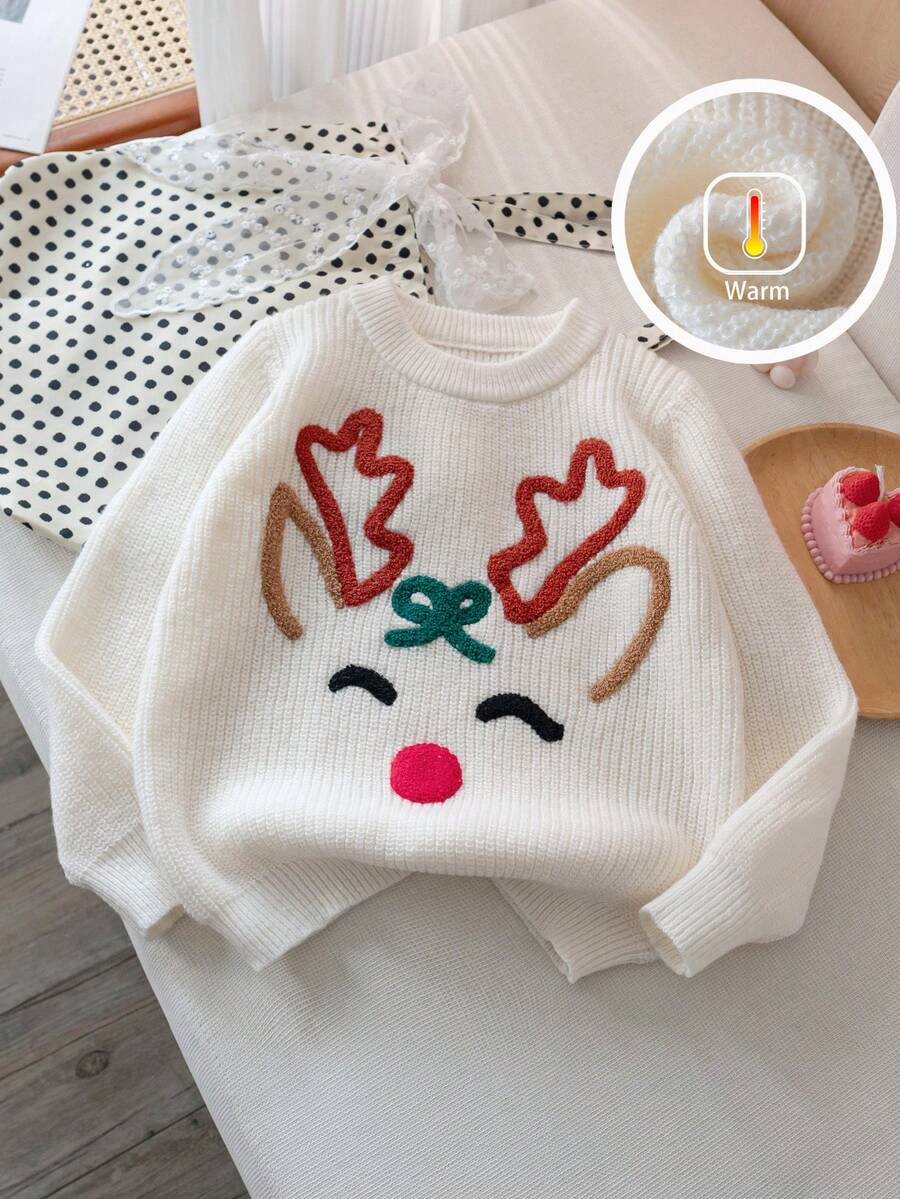 Suéter de punto con bordado de ciervos navideños lindos para niña, adecuado para Navidad, primavera, otoño e invierno - Albaricoque - Ver 1