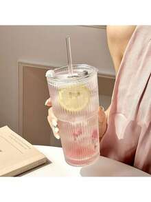 1 pieza, Vaso de vidrio a rayas con pajita y tapa - 600ml, Vaso de vidrio visualmente atractivo apto para café, té, leche, americano helado y bebidas con leche, decoración de otoño, decoración de invierno, decoración de habitación, decoración del hogar