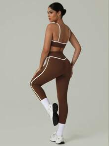 2 PCS CO Ord Set Spring And Summer Women Fashion White Line Yoga Sports Bra And Legging - 棕色 - 查看 6