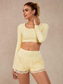 NcmRyu 1 Set Completo Sportivo Donna in Colore Tinta Unita con Inserti in Pizzo, Manica Lunga e Pantaloncini Corti, Adatto per Uso Quotidiano e Casual