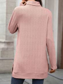 Womens Knit Tops Fall Long Sleeve Turtleneck Solid Color Slit Hem Casual Pullover Sweater - Pink - View 6