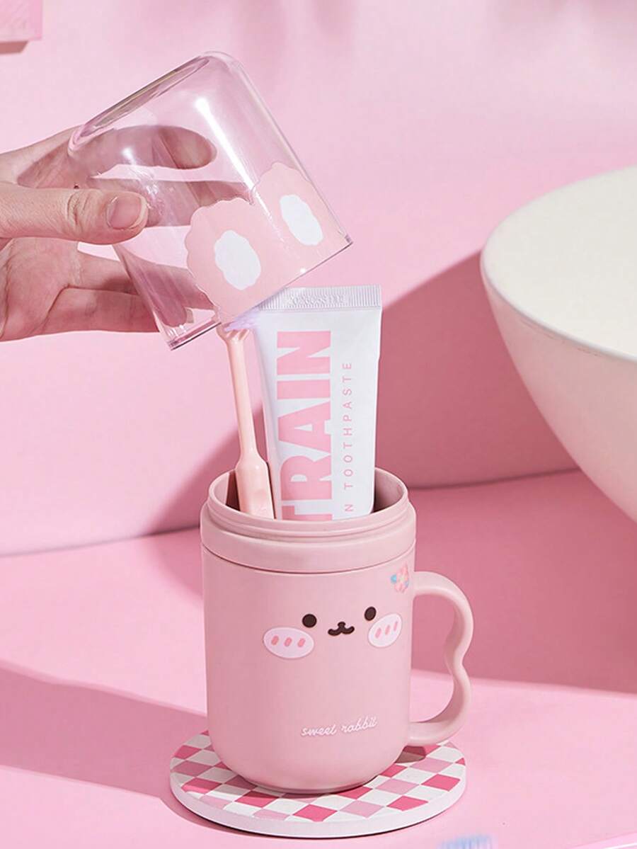 1pc Cute Rabbit Design Travel Toothbrush Box And Mouthwash Cup Set - Portable, Plastic Toothpaste Cup, Bathroom Mouthwash Cup, Space-Saving Hygiene Solution For Carry-On, Suitable For Business Travel And Vacation - Multicolor - View 1