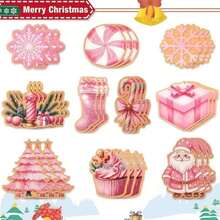 10 pièces Nouveaux pendentifs en bois décoratifs en forme d'éventail d'arbre de Noël, pendentifs roses de décoration de Noël pour la maison, accessoires en bois pendants de petite taille pour la décoration du sapin de Noël et du salon, bonbons, flocons de neige, Père Noël.