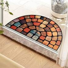 1pc Semicircle Vintage Stone Pattern Entrance Mat, Dust-Proof Anti-Slip Welcome Doormat, Water-Washable Crystal Velvet Material - Multicolor - View 4
