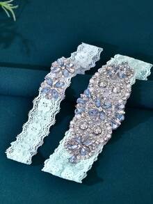 2 件/套新款设计浅蓝色水晶水钻新娘吊袜带，弹性蓝色蕾丝大腿吊袜带，女式派对腿吊袜带 - 藍色蕾絲 - 查看 2