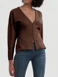 Cardigan casual lavorato a maglia in colore unito, ampio, da donna YROOE - Castano - Visualizzare 3