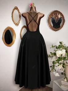 RNU Black Love White Pearl Women's Simple Deep V-Neck Stretch Base Slim Women Casual Club Christmas/Halloween Concert Outfit Office Outfits High Elastic Slim Fit Casual Daily Valentine's Day Birthday Dress Nightclub Sexy Party Street Vacation Travel Date Spring/Summer/Autumn/Winter Shoulder Strap Sleeveless Irregular Waist Pleats Cross Back Straps New Long Dress - Black - View 7