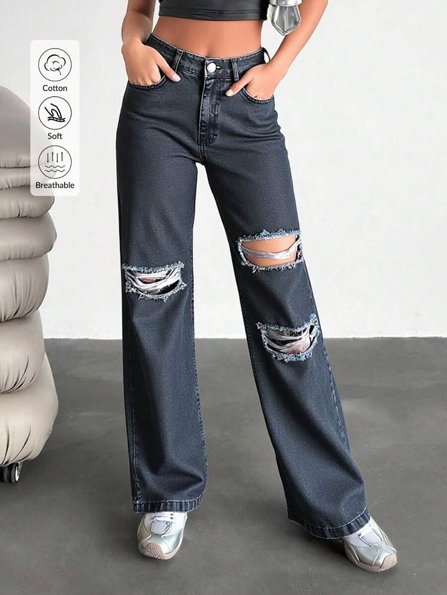 Damen hohe Taille Knie Laser Destroyed Weite Hose, einfarbige Hosentaschen mit Reißverschluss