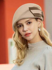 HIMESPORT Autumn/Winter Fashion Elegant Women's Lady Wool Felt Beret Hat With Bowknot For Wedding Formal Church Tea Party Cocktail British Banquet Celebrity Fascinator Hats