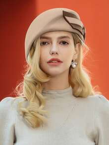 HIMESPORT Autumn/Winter Fashion Elegant Women's Lady Wool Felt Beret Hat With Bowknot For Wedding Formal Church Tea Party Cocktail British Banquet Celebrity Fascinator Hats