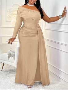 BIUBIU 大码女式不对称领长袖连衣裙，休闲通勤商务情人节派对礼服，适合日常穿着，优雅春季款 - 淺卡其色 - 查看 5