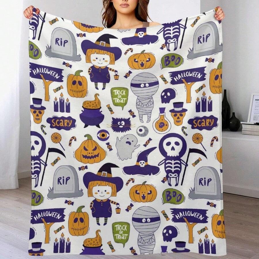 Flannel Fleece Blanket Plush Spider Webs Witch's Hat Black Bats Decorated Pumpkins 40 * 30ingift - 30吋x40吋+款式-6 - 查看 1