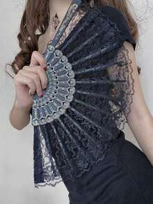 新娘婚礼装饰套装：蕾丝伞和蕾丝塑料扇，欧式新娘婚礼伞，户外婚礼装饰伞扇套装，最佳礼物，婚礼摄影道具白色蕾丝阳伞，茶会装饰，洗礼生日派对用品，复古婚礼配饰，伴娘鲜花摄影道具