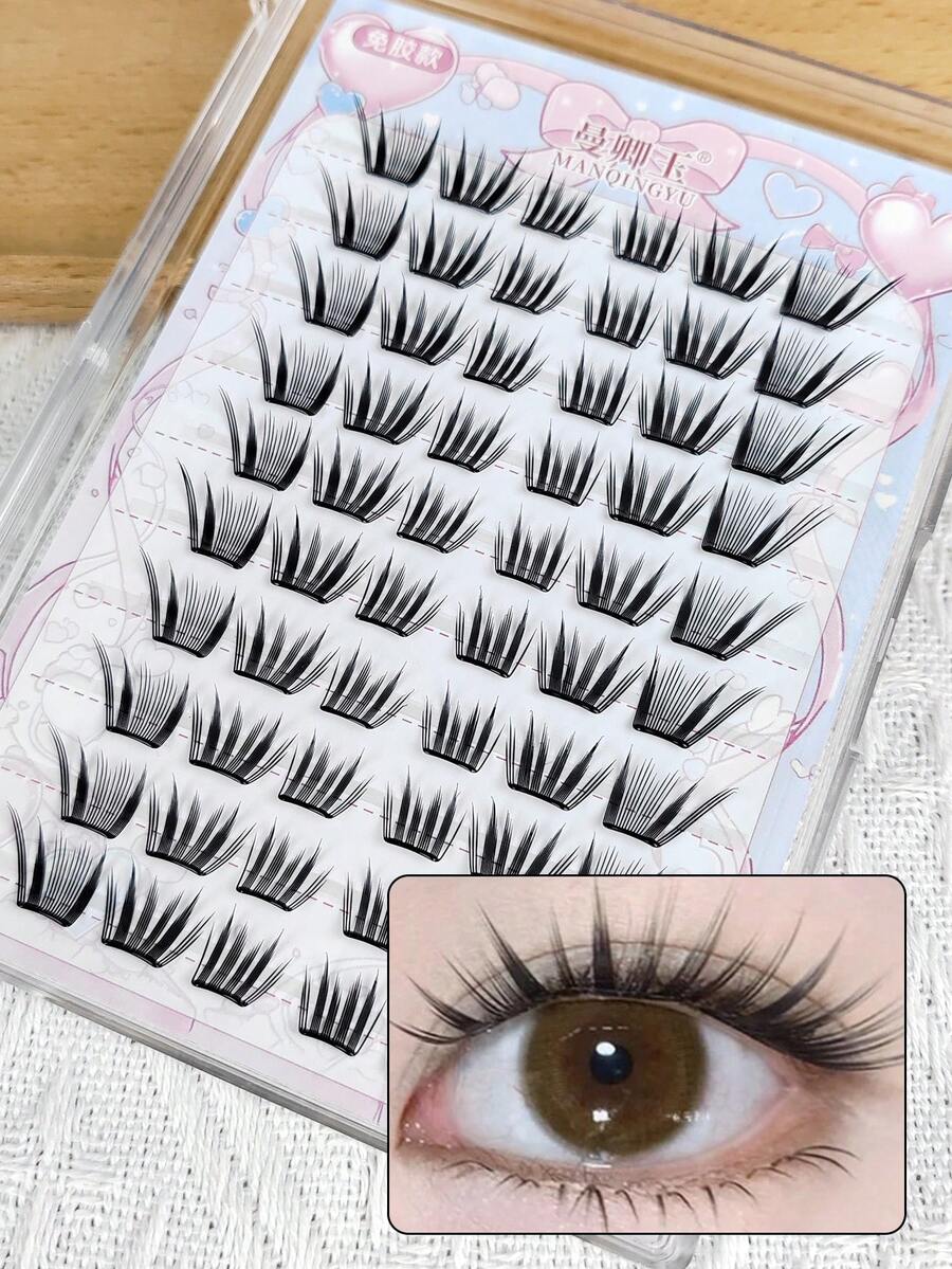 60 Büschel, 10-12 mm, kein Kleber erforderlich selbstklebende Einzelwimpern, Krümmung C/D, 0,07 mm, der neue Reisestil bietet natürliche, realistische, Farbblock, selbstklebende Wimpern, Falsche Wimpern Büschelwimpern, natürlicher Cartoon-Look, Katzenaugen-Wimpern