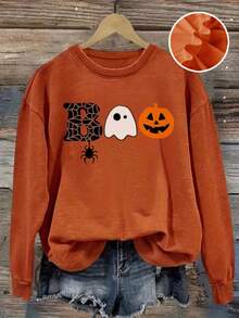女式秋冬南瓜蜘蛛和幽灵图案长袖圆领运动衫，休闲宽松百搭风格橙色上衣，时尚女装，适合日常穿着 - 橘色 - 查看 6