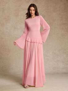 Women's Elegant Ruffle Trim Tie-Waist Flare Sleeve Dress, Spring/Summer - Pink - View 2