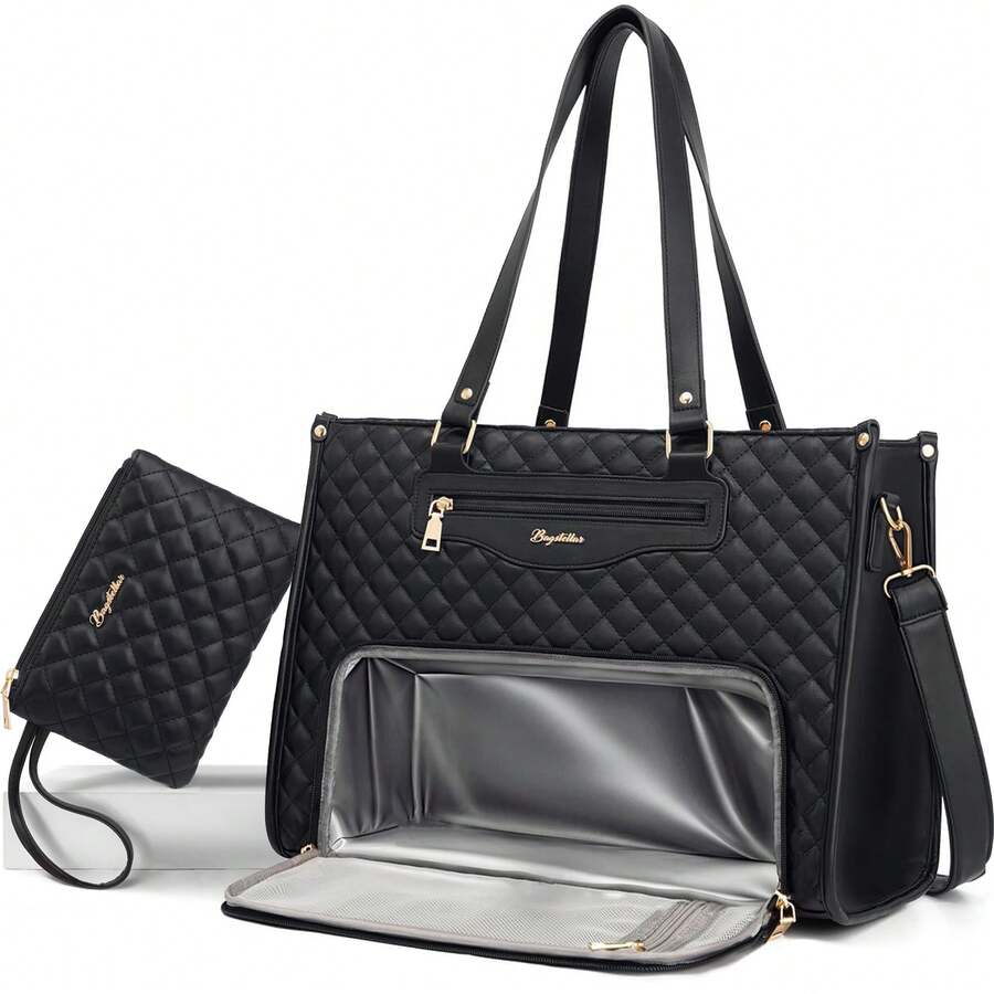 Lunch Tote Bag For Women, 15.6 Inch Laptop Work Bag With Insulated Lunch Box Compartment & Purse Large Capacity Quilted Computer Handbag For Office Business Work Nurse Teacher Moms Travel Casual - màu đen - Xem 1