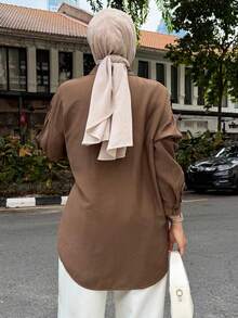 DAZY 系带落肩衬衫，长袖上衣，秋季时尚简约服饰 - 咖啡棕 - 查看 6