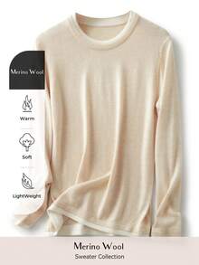 Women's Crew Neck Merino Wool T Shirt Fall Classic Vintage Cable Warm Long Sleeve Knit Tops - Beige - View 2