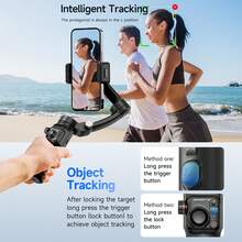 Dreiachsige Stabilisierung, professioneller, verwacklungsfreier, stabiler Selfie-Stick, intelligente Nachverfolgung, Unterstützung für Gesichts- und selbstgewählte Zielverfolgung, Multifunktionstaste, abnehmbare Fernbedienung, kostenlose Joystick-Bedienung, dedizierte App für mehr Spielspaß, kompatibel mit Apple- und Android-Smartphones.