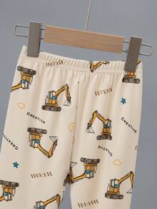 2pcs/Set Toddler Boys Cartoon Excavator Print Thick Long Sleeve Top And Long Pants Pajama Set, Autumn/Winter