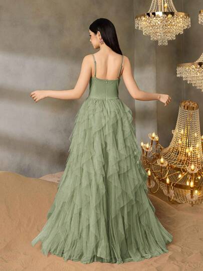  Alisa&Leo Elegant Spaghetti Strap Formal Dress For Teens, With Structured Bodice And Multi-Layer Tulle A-Line Skirt Design - Timeless Style Suitable For Prom, Graduation, Homecoming, Gala Events, And Pageants