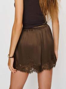 Women Pettipants Slip Shorts Lace Trim Satin Silk Bloomers Bottoms Elastic Waist Lace Slip Shorts Y2k Low Rise Micro Mini Pajama Shorts Knickers Lounge Slip Pj Bottoms - 棕色 - 查看 3