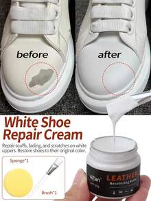 1.01oz White Shoe Polish Repair Cream, Suitable For Sneakers And Dress Shoes. Can Repair White Trims, Restore Damaged Leather Surfaces, And Provide Excellent Color Restoration! Includes Applicator Brush And Sponge.