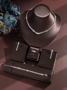 1 套方晶锆石首饰套装，包括耳环、项链、手链、戒指、4 件女士宝石配饰，适合派对、庆典、晚会、生日礼物 - 銀色 - 查看 3