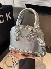1pc Fashion Silver PU Material Rivet Chain Decor Adjustable Strap Shell Bag, Women Y2K Punk Style Mini Crossbody Shoulder Handbag, Suitable For Millennium Aesthetic, Dance Party Accessory - Silver - View 1