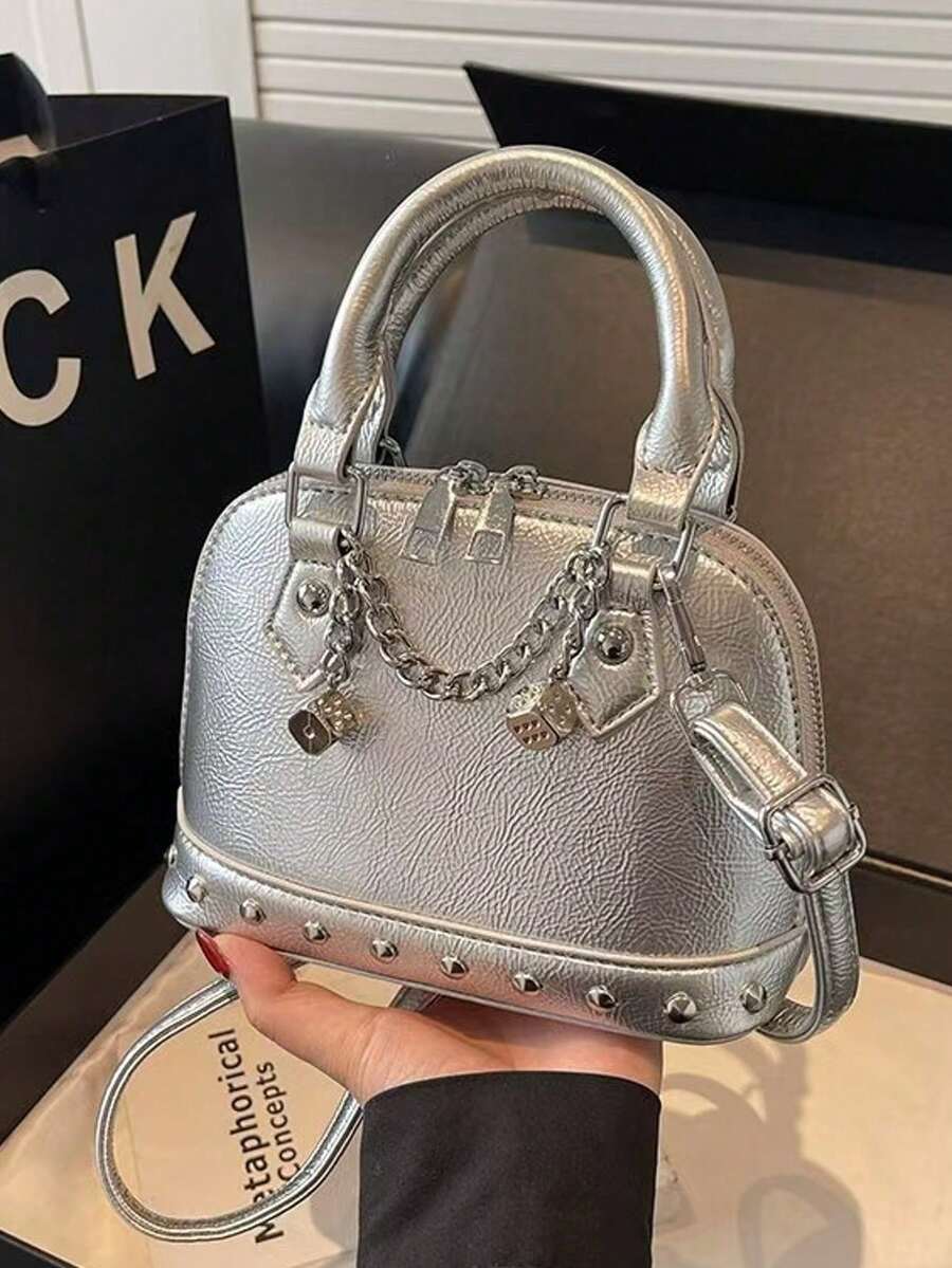 1pc Fashion Silver PU Material Rivet Chain Decor Adjustable Strap Shell Bag, Women Y2K Punk Style Mini Crossbody Shoulder Handbag, Suitable For Millennium Aesthetic, Dance Party Accessory - Silver - View 1