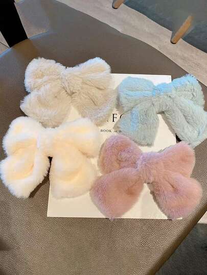 Solid Color Plush Big Bow Hair Clip, Plush Hairpin Barrette, Fluffy Hair Claw Clip Hair Accessory, Hair Slide, Hair Barrettes, Winter Accessories Women