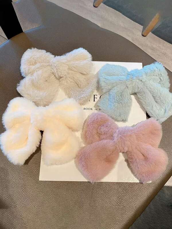 Solid Color Plush Big Bow Hair Clip, Plush Hairpin Barrette, Fluffy Hair Claw Clip Hair Accessory, Hair Slide, Hair Barrettes, Winter Accessories Women