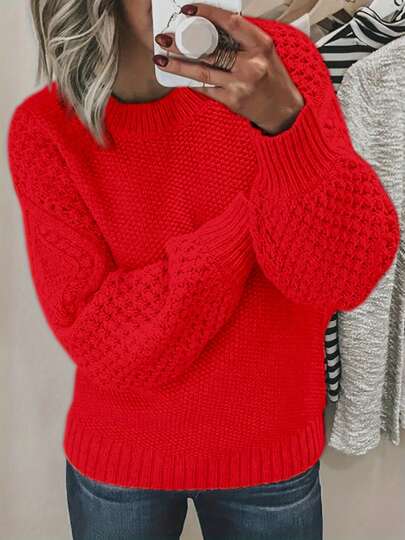 2025 Autumn And Winter Women's Casual Loose Pullover Sweater - Soft Pink Round Neck Long Sleeve Lampshade Design, Suitable For Large Sizes And Comfortable Wear, Hand Wash Only, Cute Style, Everyday Comfortable Clothing, Textured Pattern, High-Quality Yarn Fabric, Solid Color Round Neck Pullover Sweater, Casual Long Sleeve Sweater, Suitable For Autumn And Winter Seasons, Women's Clothing