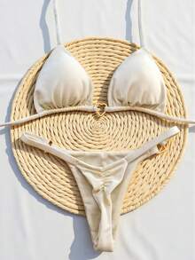 Bộ 2 món bikini nữ màu trơn, hở lưng, buộc dây, gợi cảm, thích hợp cho bãi biển, khu nghỉ dưỡng, biểu diễn sân khấu và hòa nhạc, kỳ nghỉ hè. Màu trắng. - trắng - Xem 6