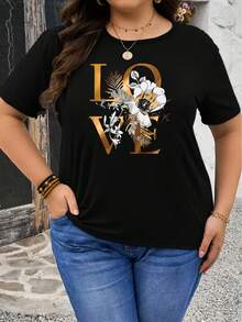 Camiseta Casual de Mujer con Estampado Floral y Hojas LOVE - Negra con Letras Doradas, Cuello Redondo Manga Corta, Tejido Elástico Medio, Lavable a Máquina para Primavera/Verano, Camisetas para Damas, Material No Transparente - Negro - Ver 3