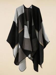 1 chiếc khăn choàng Poncho kẻ caro nhiều màu thời trang đa năng dành cho nữ, thích hợp sử dụng trong nhà có điều hòa và ngoài trời - màu đen - Xem 3