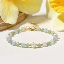 1pc Casual Elegant Natural Stone Burmese Jade Faceted Cube, Amazonite Faceted Round Beads & Pearl Adjustable Bracelet, Suitable For Women Daily Wear, Birthday, Valentine's Day Gift